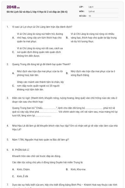 Đề thi Lịch Sử và Địa Lí lớp 4 Học kì 2 có đáp án (Đề 6)