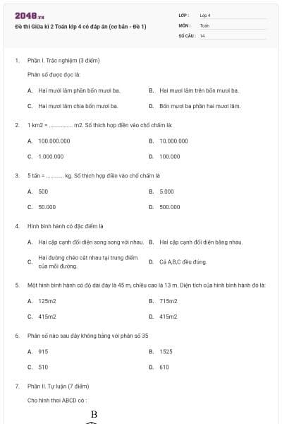 Đề thi Giữa kì 2 Toán lớp 4 có đáp án (cơ bản - Đề 1)