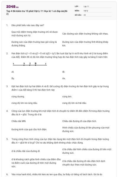 Top 4 Đề kiểm tra 15 phút Vật Lí 11 Học kì 1 có đáp án(đề 2)