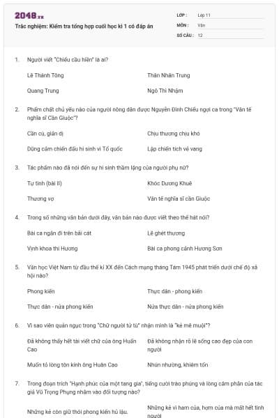 Trắc nghiệm: Kiểm tra tổng hợp cuối học kì 1 có đáp án