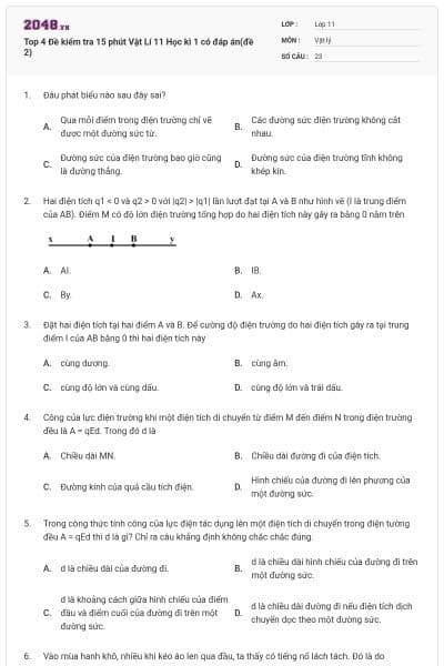 Top 4 Đề kiểm tra 15 phút Vật Lí 11 Học kì 1 có đáp án(đề 2)