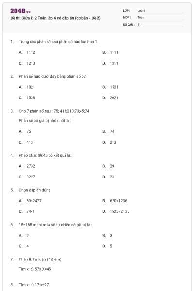 Đề thi Giữa kì 2 Toán lớp 4 có đáp án (cơ bản - Đề 2)