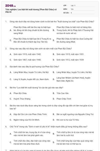 Trắc nghiệm: Lưu biệt khi xuất dương (Phan Bội Châu)  có đáp án