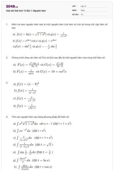 Giải sbt Giải tích 12 Bài 1: Nguyên hàm