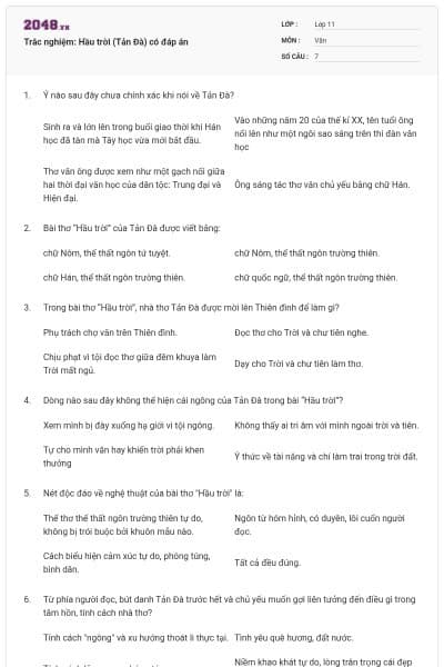 Trắc nghiệm: Hầu trời (Tản Đà) có đáp án