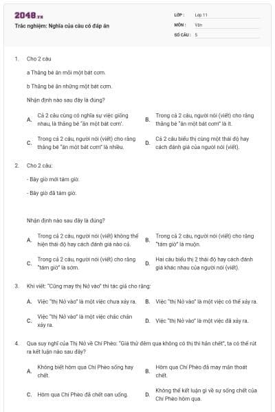 Trắc nghiệm: Nghĩa của câu có đáp án