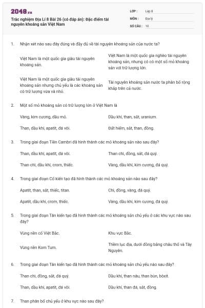 Trắc nghiệm Địa Lí 8 Bài 26 (có đáp án): Đặc điểm tài nguyên khoáng sản Việt Nam
