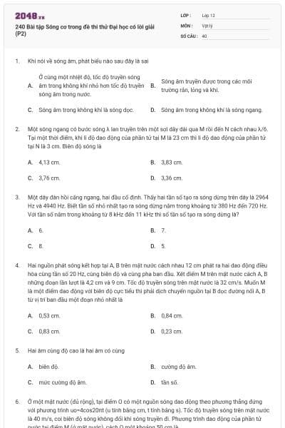 240 Bài tập Sóng cơ trong đề thi thử Đại học có lời giải (P2)