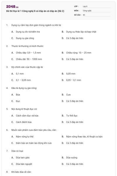 Đề thi Học kì 1 Công nghệ 8 có đáp án có đáp án (Đề 2)