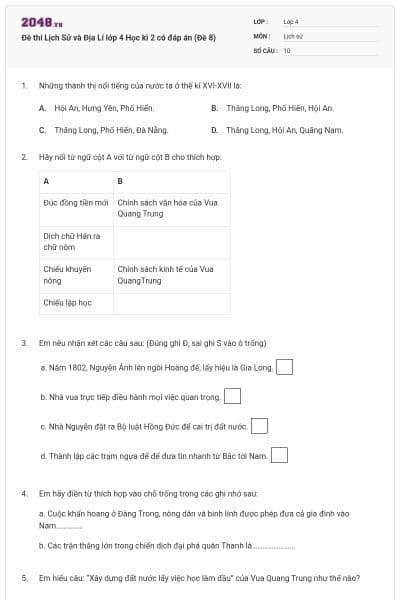Đề thi Lịch Sử và Địa Lí lớp 4 Học kì 2 có đáp án (Đề 8)