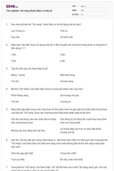 Trắc nghiệm: Vội vàng (Xuân Diệu) có đáp án