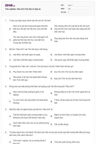 Trắc nghiệm: Hầu trời (Tản Đà) có đáp án