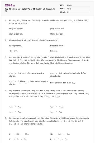 Top 4 Đề kiểm tra 15 phút Vật Lí 11 Học kì 1 có đáp án( đề 3)