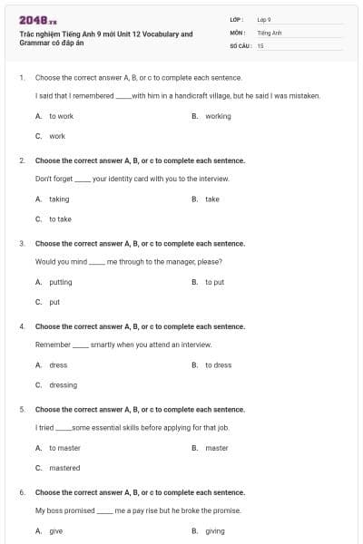 Trắc nghiệm Tiếng Anh 9 mới Unit 12 Vocabulary and Grammar có đáp án