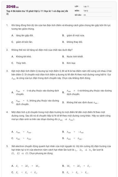 Top 4 Đề kiểm tra 15 phút Vật Lí 11 Học kì 1 có đáp án( đề 3)