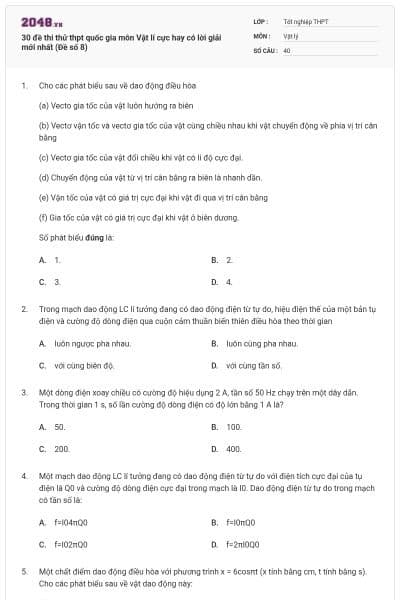 30 đề thi thử thpt quốc gia môn Vật lí cực hay có lời giải mới nhất (Đề số 8)