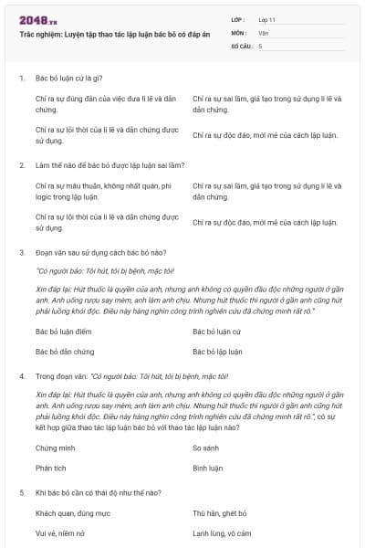 Trắc nghiệm: Luyện tập thao tác lập luận bác bỏ có đáp án