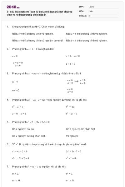 31 câu  Trắc nghiệm Toán 10 Bài 2 (có đáp án): Bất phương trình và hệ bất phương trình một ẩn