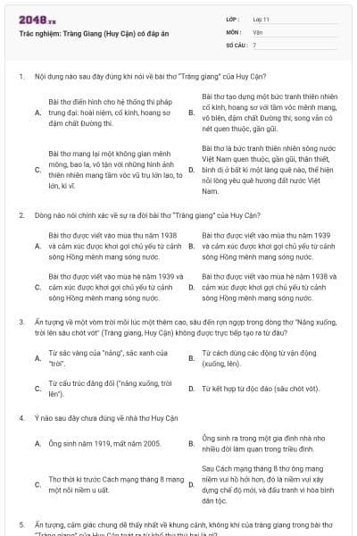 Trắc nghiệm: Tràng Giang (Huy Cận) có đáp án