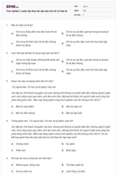 Trắc nghiệm: Luyện tập thao tác lập luận bác bỏ có đáp án