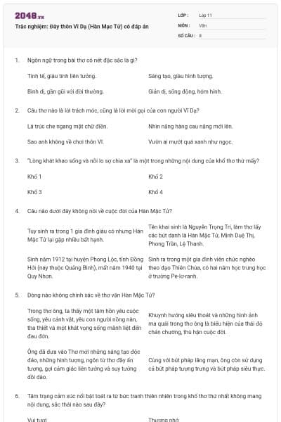 Trắc nghiệm: Đây thôn Vĩ Dạ (Hàn Mạc Tử) có đáp án