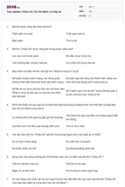 Trắc nghiệm: Chiều tối ( Hồ Chí Minh ) có đáp án