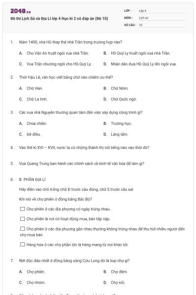 Đề thi Lịch Sử và Địa Lí lớp 4 Học kì 2 có đáp án (Đề 10)