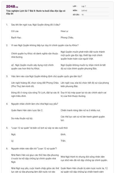 Trắc nghiệm Lịch Sử 7 Bài 8: Nước ta buổi đầu độc lập có đáp án