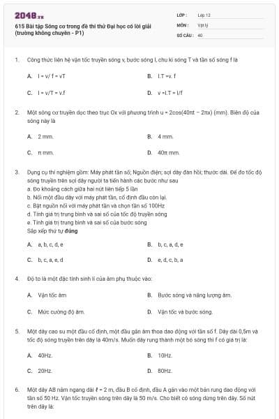 615 Bài tập Sóng cơ trong đề thi thử Đại học có lời giải (trường không chuyên - P1)