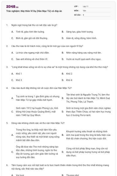 Trắc nghiệm: Đây thôn Vĩ Dạ (Hàn Mạc Tử) có đáp án