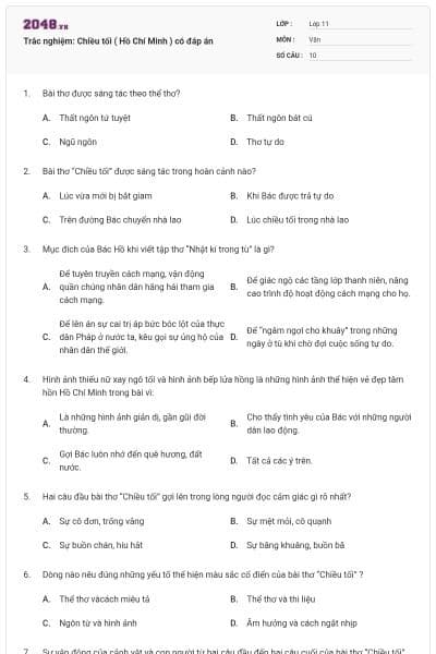 Trắc nghiệm: Chiều tối ( Hồ Chí Minh ) có đáp án