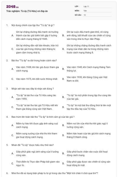 Trắc nghiệm: Từ ấy (Tố Hữu) có đáp án