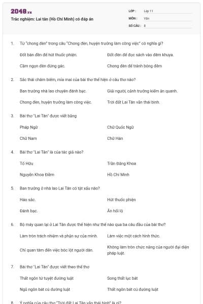 Trắc nghiệm: Lai tân (Hồ Chí Minh) có đáp án