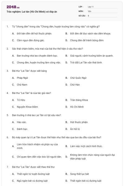 Trắc nghiệm: Lai tân (Hồ Chí Minh) có đáp án