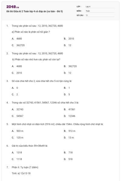 Đề thi Giữa kì 2 Toán lớp 4 có đáp án (cơ bản - Đề 5)