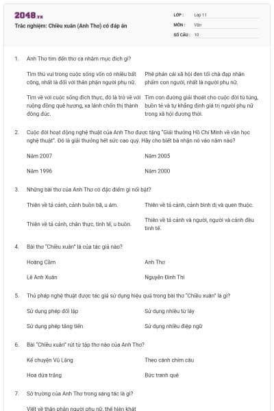 Trắc nghiệm: Chiều xuân (Anh Thơ) có đáp án