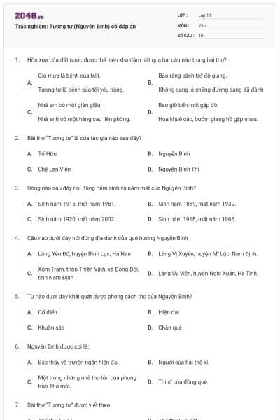 Trắc nghiệm: Tương tư (Nguyễn Bính) có đáp án