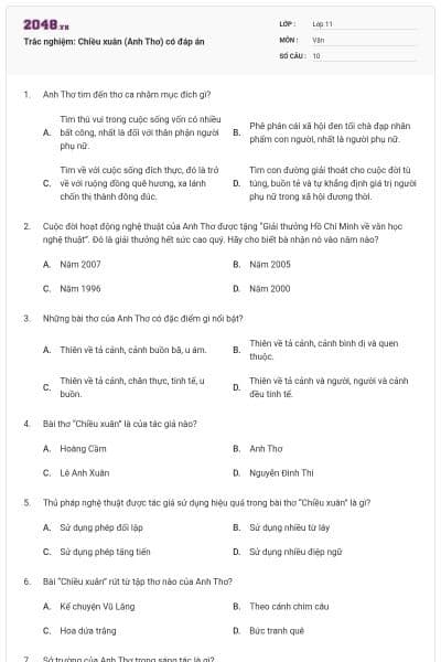 Trắc nghiệm: Chiều xuân (Anh Thơ) có đáp án