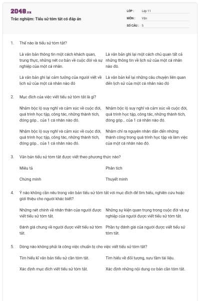 Trắc nghiệm: Tiểu sử tóm tắt có đáp án