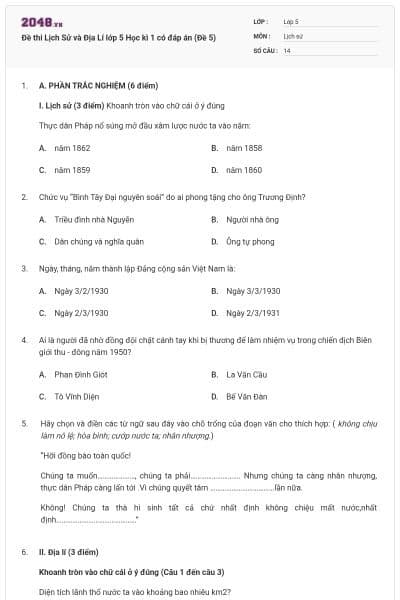 Đề thi Lịch Sử và Địa Lí lớp 5 Học kì 1 có đáp án (Đề 5)