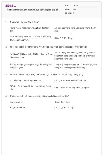 Trắc nghiệm: Đặc điểm loại hình của tiếng Việt có đáp án