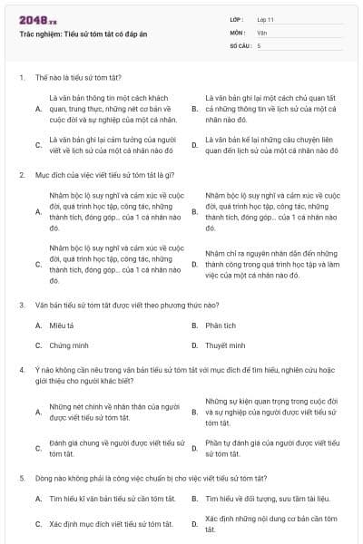 Trắc nghiệm: Tiểu sử tóm tắt có đáp án