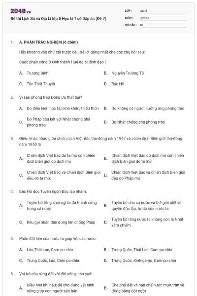 Đề thi Lịch Sử và Địa Lí lớp 5 Học kì 1 có đáp án (Đề 7)