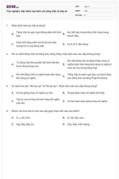 Trắc nghiệm: Đặc điểm loại hình của tiếng Việt có đáp án