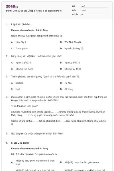 Đề thi Lịch Sử và Địa Lí lớp 5 Học kì 1 có đáp án (Đề 8)