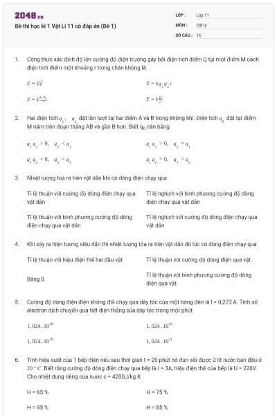 Đề thi học kì 1 Vật Lí 11 có đáp án (Đề 1)