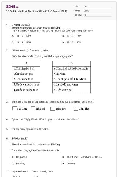 10 Đề thi Lịch Sử và Địa Lí lớp 5 Học kì 2 có đáp án (Đề 1)