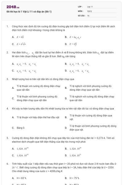 Đề thi học kì 1 Vật Lí 11 có đáp án (Đề 1)