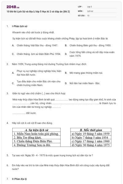 10 Đề thi Lịch Sử và Địa Lí lớp 5 Học kì 2 có đáp án (Đề 2)