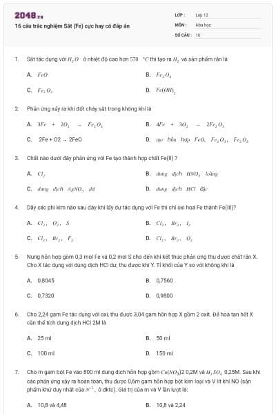 16 câu trắc nghiệm Sắt (Fe) cực hay có đáp án